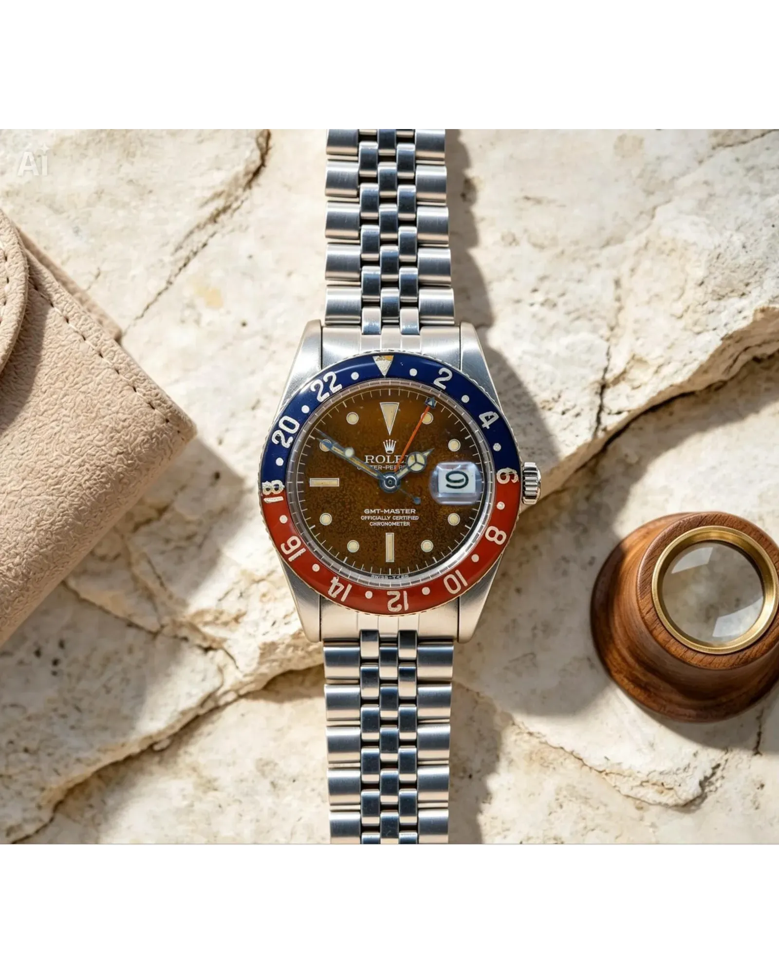 Flat-lay of a Rolex GMT-Master with tropical brown dial, faded Pepsi bezel, and Jubilee bracelet.