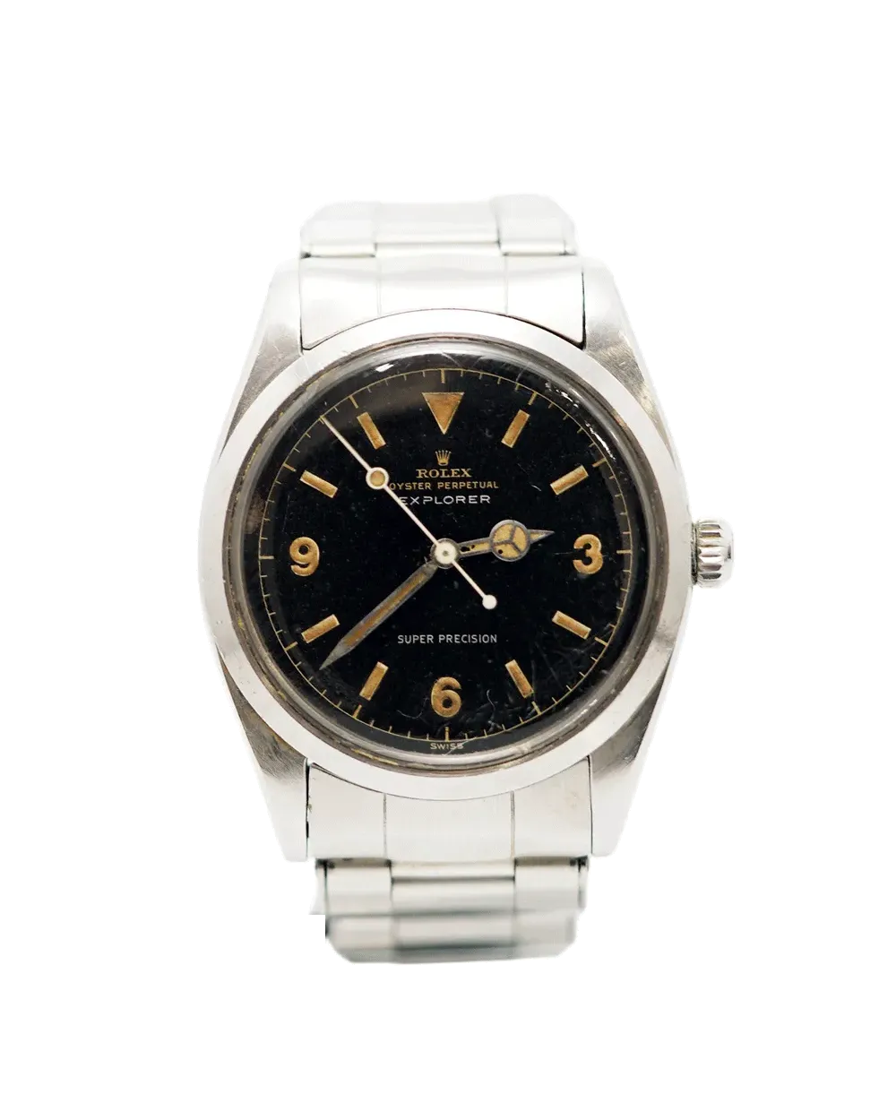 Dial view of a Rolex Explorer 5504 displaying black gilt dial with patinated luminous numerals on steel bracelet.