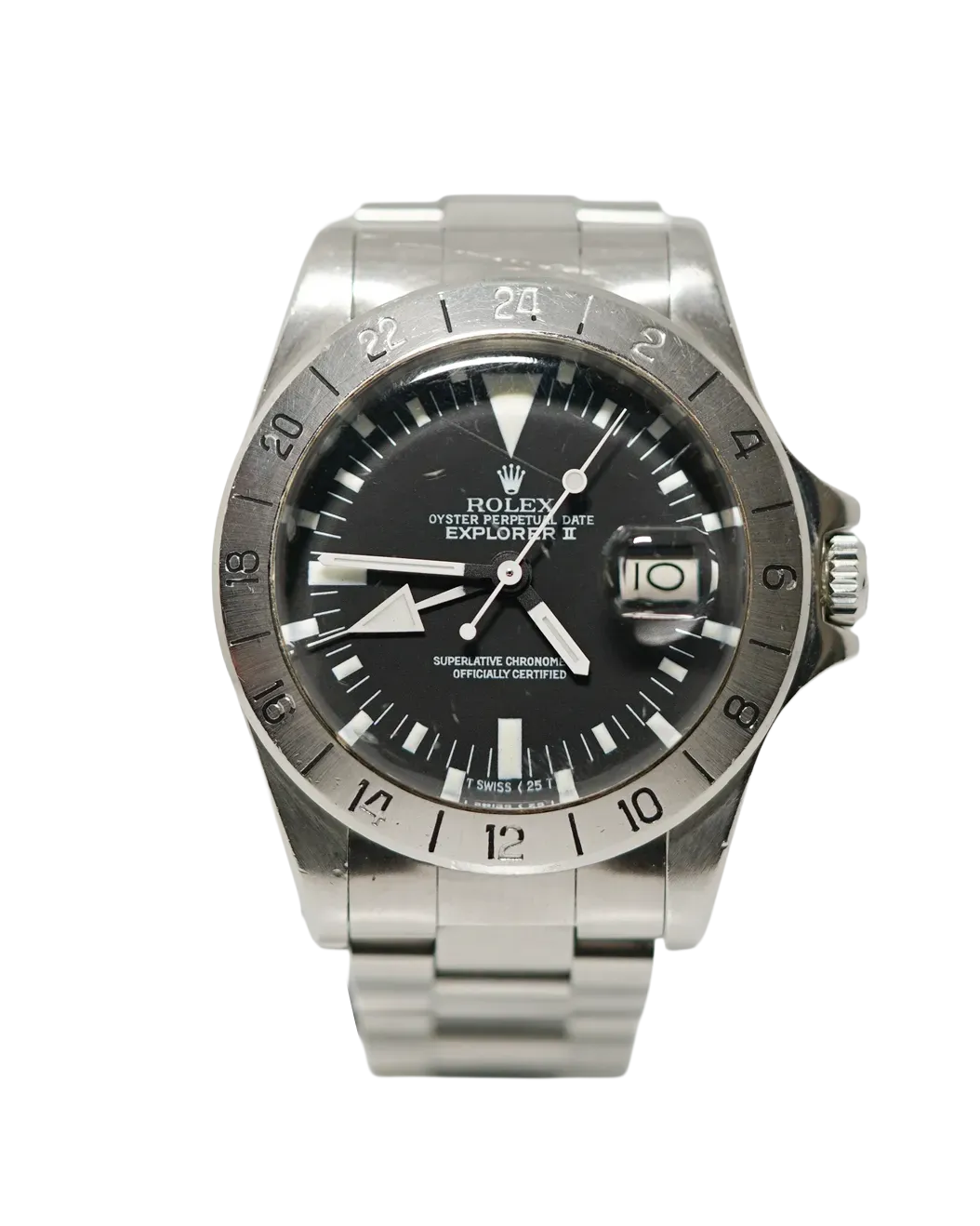 Dial view of a Rolex Explorer II 1655 showing black dial, orange GMT hand, fixed steel bezel, and Oyster bracelet.