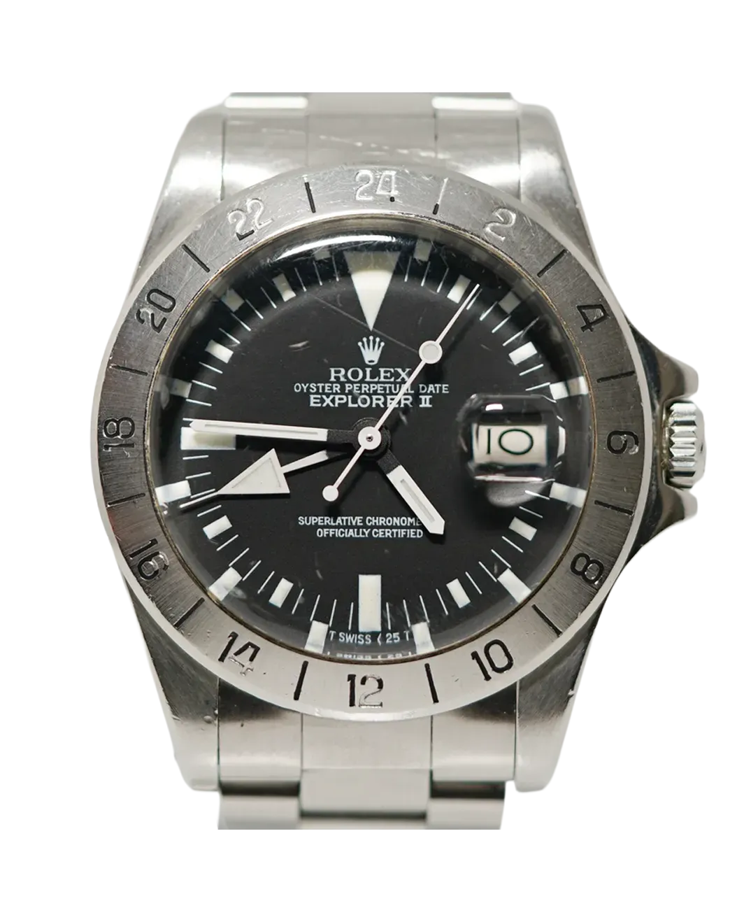 Dial and bezel view of a Rolex Explorer II 1655 with black dial, fixed bezel, and Oyster bracelet.