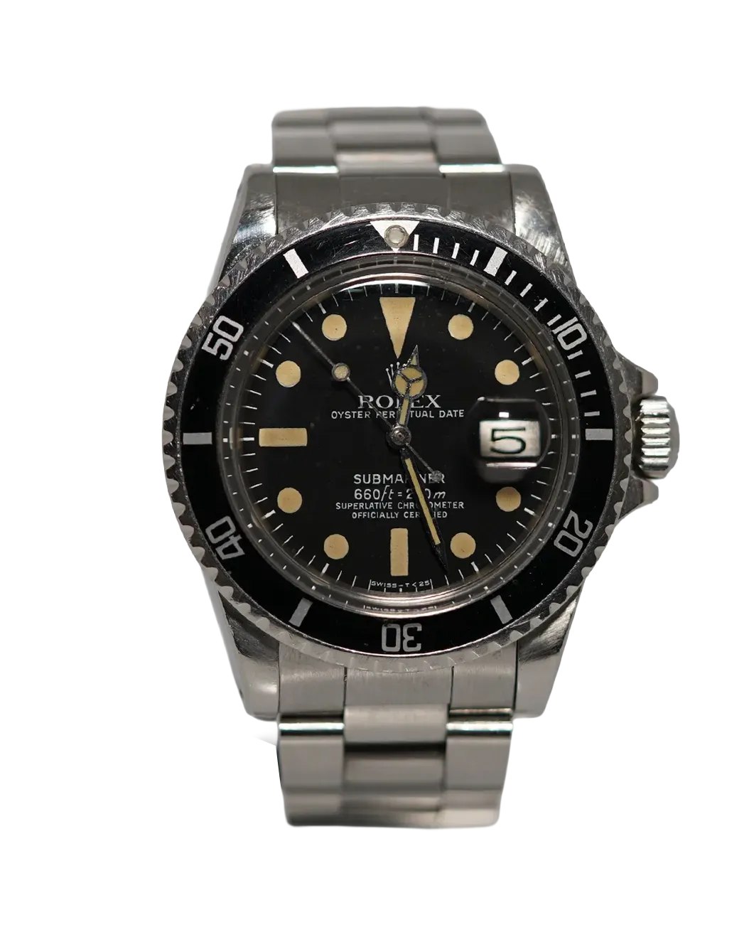 Dial detail of a Rolex Submariner Date with black dial, aged tritium markers, and rotating bezel insert.