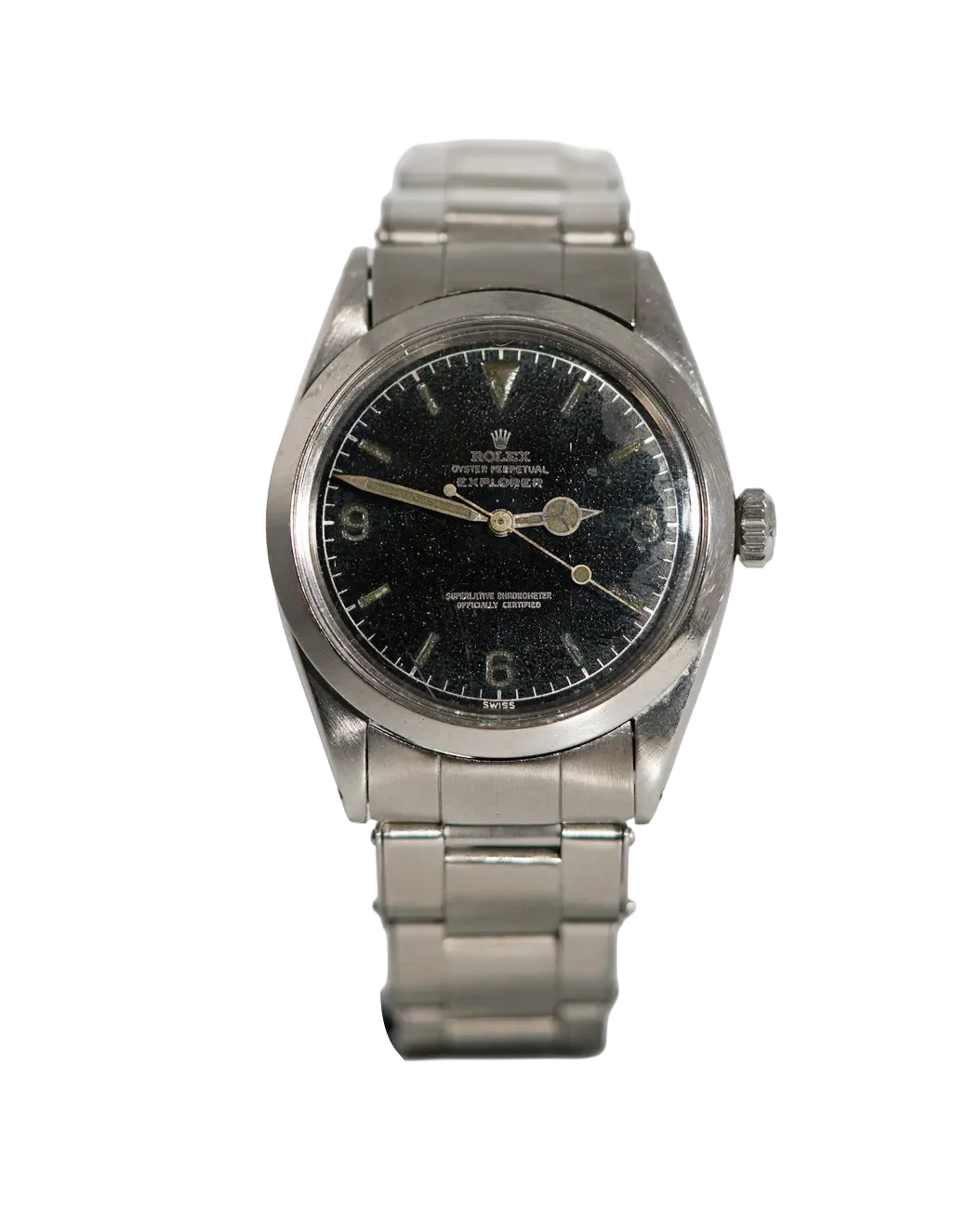 Dial detail of a vintage Rolex Explorer with tropical black dial, applied indices, and Oyster bracelet.