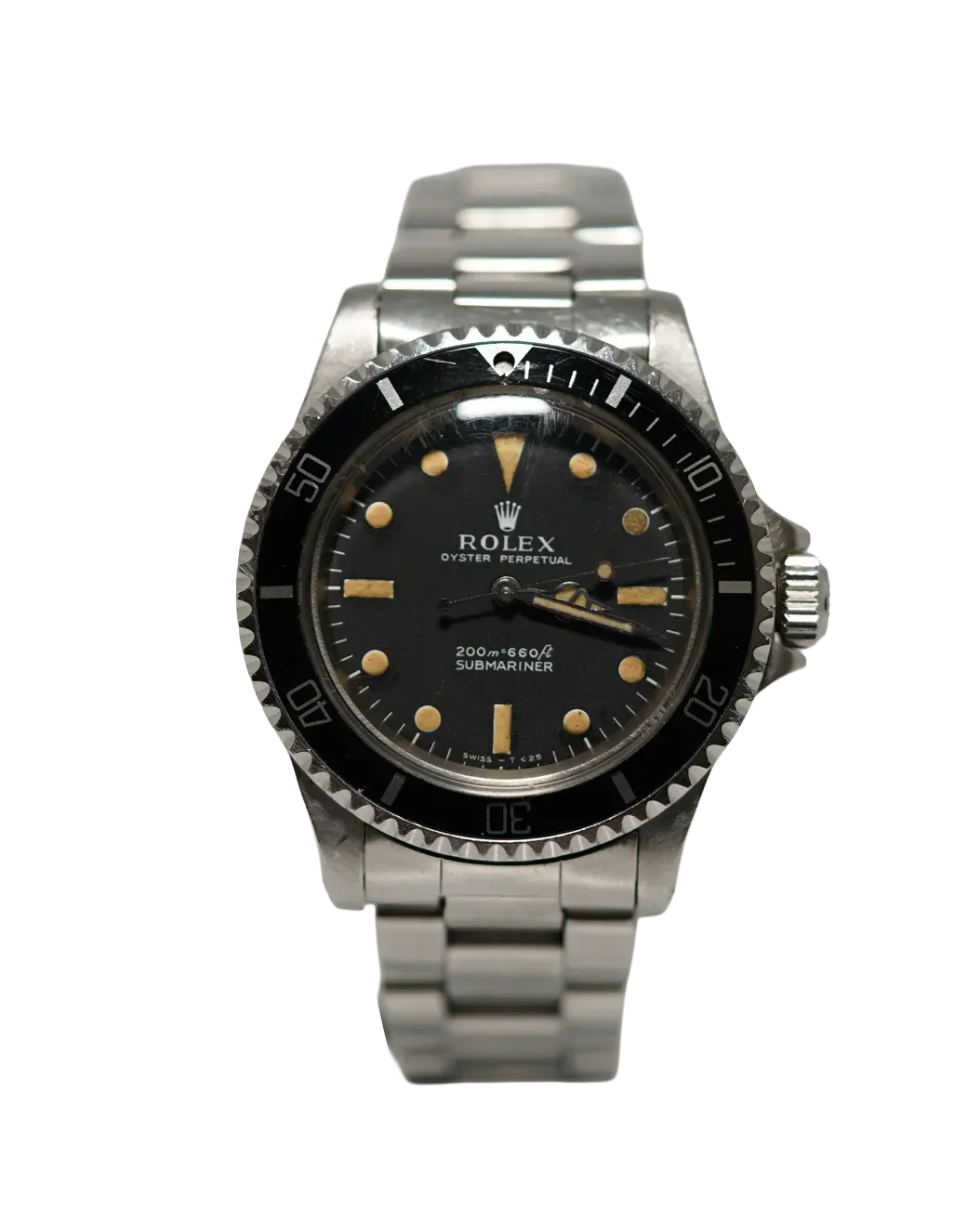 Front-facing view of a vintage Rolex Submariner 5513 with black dial, aged tritium markers, and steel bracelet.